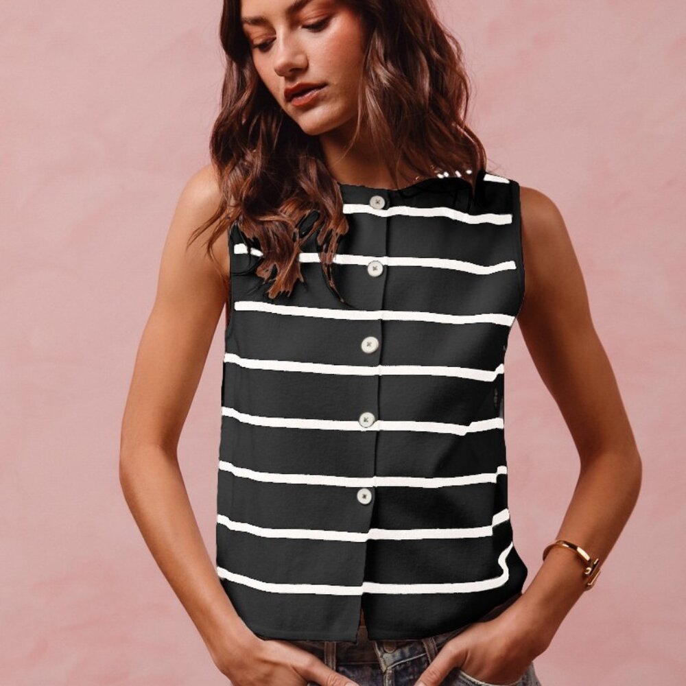 SO ME‎ Button Front Stripe Fine Sweater Sleeveless Top